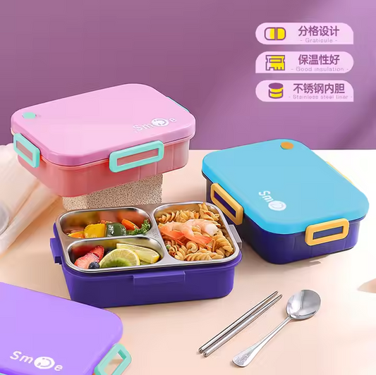 750Ml Independent Sealed Stainless Steel Lunch Box (Fashion Three Squares + Stainless Steel Spoon Chopsticks)